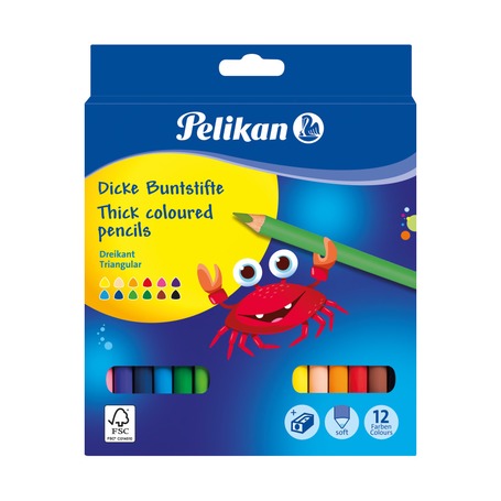 Цветные трехгранные карандаши Pelikan, 12 цветов и точилка